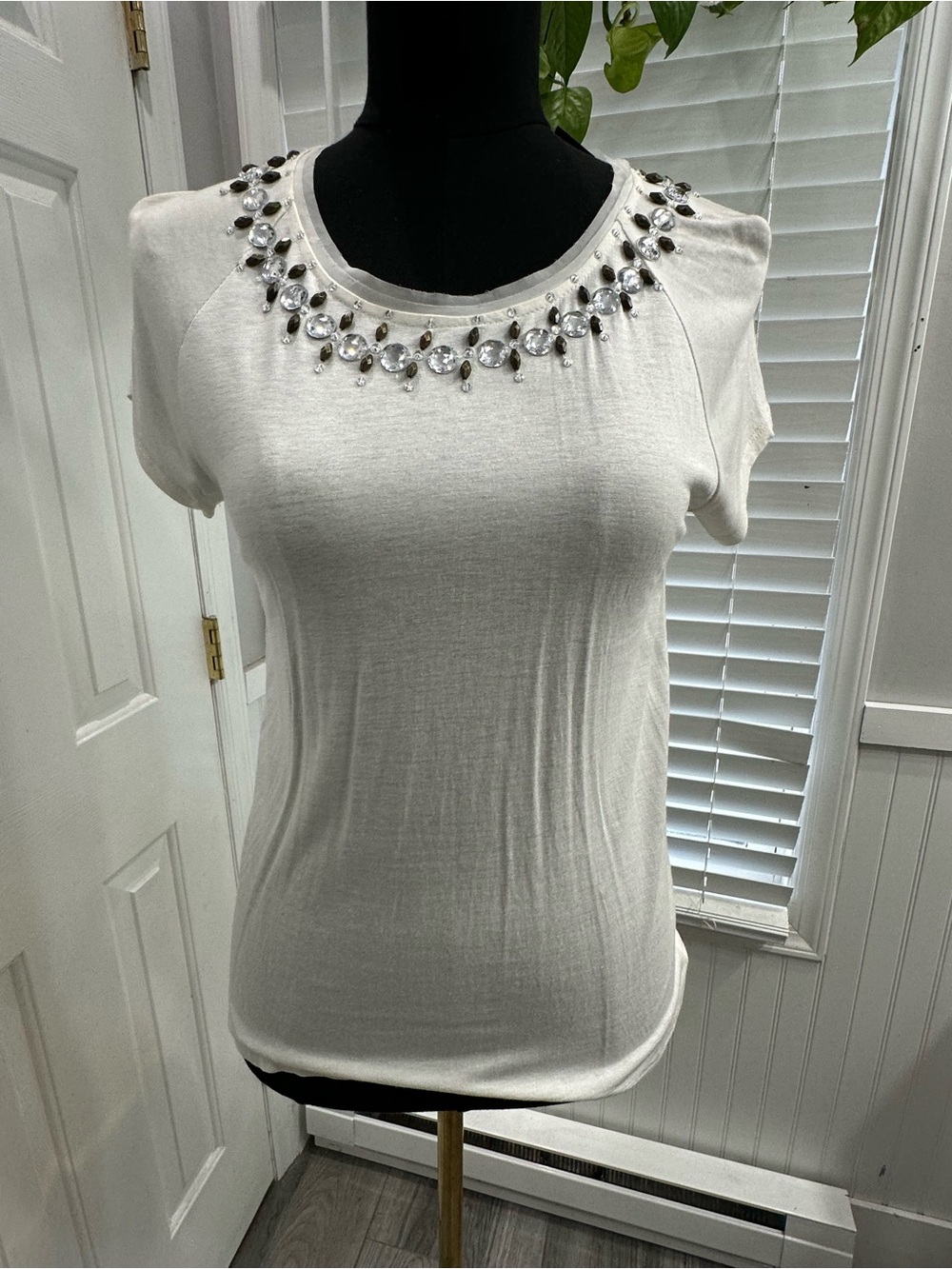 Lord & Taylor White Short Sleeve Tee with Jeweled Neckline